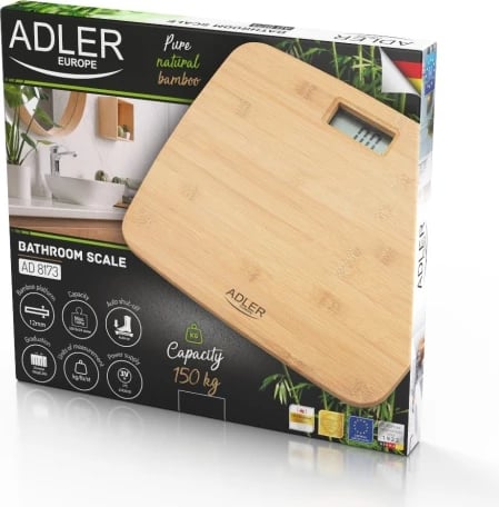 Peshore banjoje, Adler AD 8173, kapacitet 150 kg, ndarje 100 g, njësi kg/lb/st, platformë bambu 12 mm, bambu natyrale