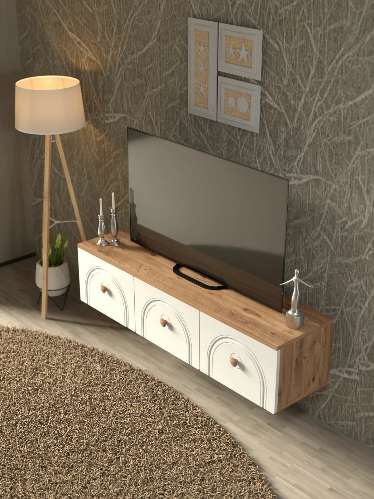 Komodë TV Skye Decor, Norvia 135, ngjyrë Atlantic Pine dhe e bardhë