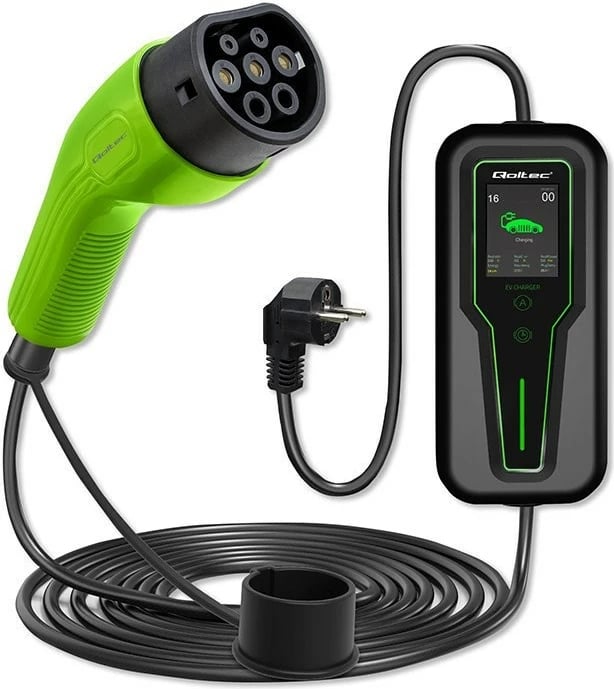 Karikues portativ për vetura elektrike Qoltec 52465, Type 2, 3.5kW, 230V, LCD, 5m, i gjelbër