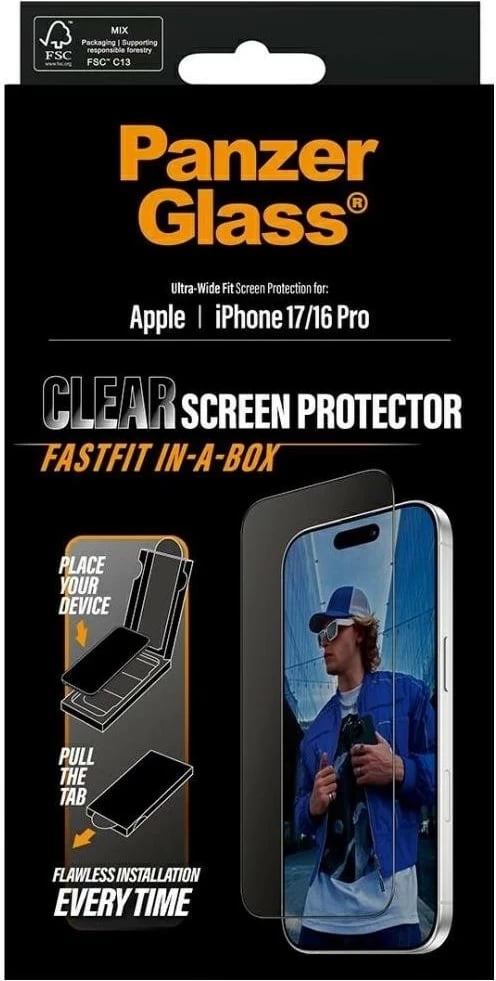 Qelq mbrojtës PanzerGlass Ultra-Wide Fit Fastfit për iPhone 16 Pro/17, transparent