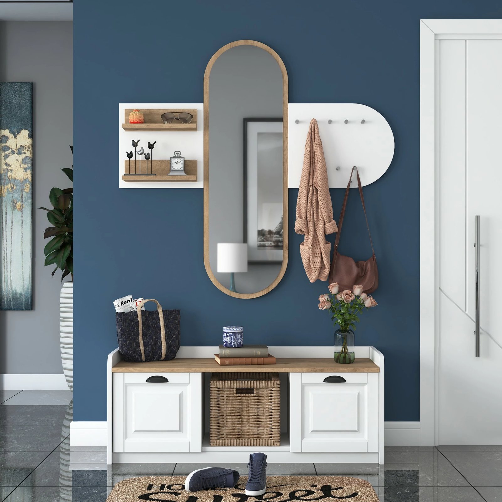 Stendë për korridor, ngjyrë e bardhë dhe arre, EE101-1983