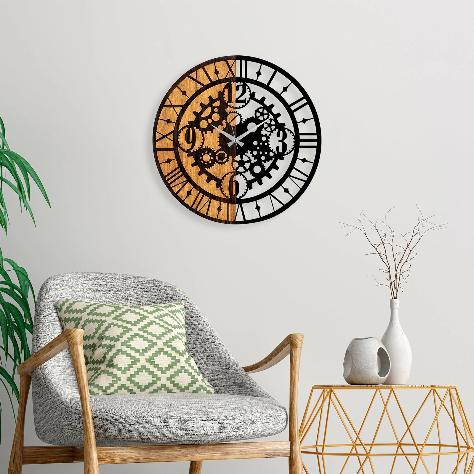 Orë muri dekorative prej druri, Wallity, ngjyrë arre dhe e zezë, 56cm