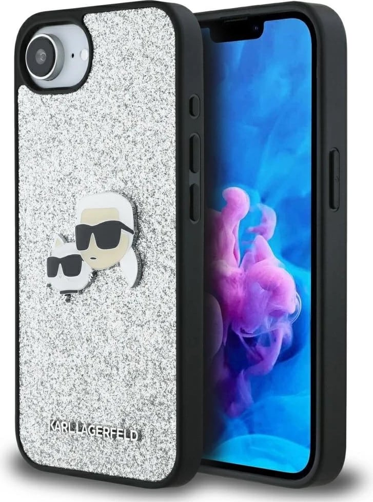 Mbështjellës Karl Lagerfeld Fixed Glitter Ikonik Metal Pin për iPhone 16e, argjendtë