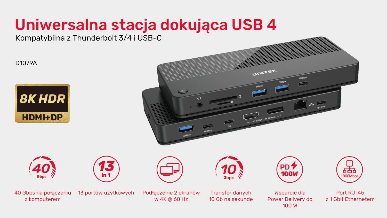 Stacion dokimi Unitek D1079A, 12 porte, HDMI 2.1, USB 4, PD 100W, e zezë