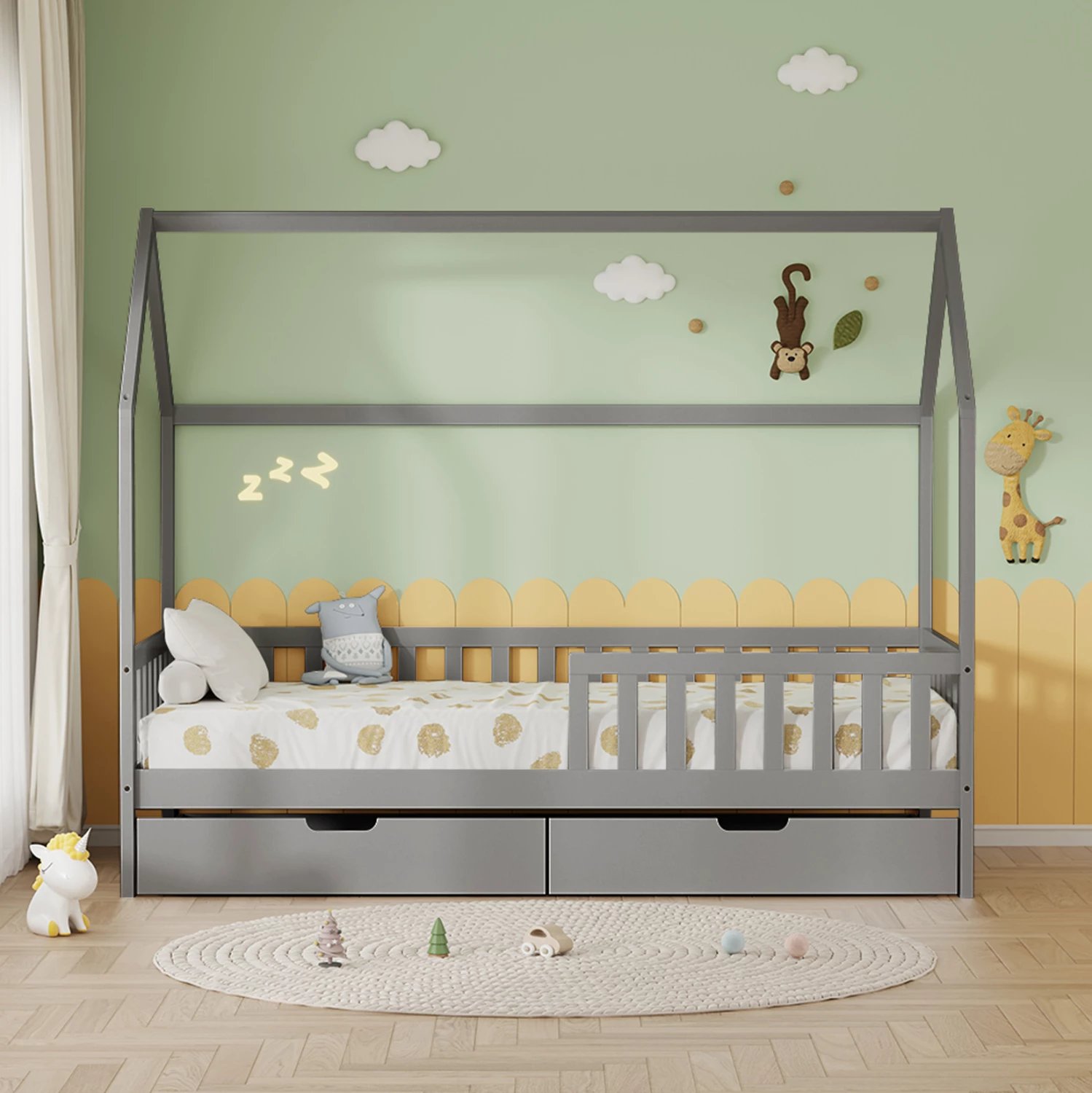 Krevat fëmijësh me sirtarë PHYLLIS FH724.05, dru pishe, ngjyrë gri, 196x97x161cm