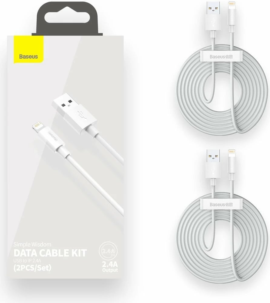 Set kabllo Baseus Simple Wisdom, USB në Lightning, 1.5m, 2.4A, Bardhë, 2 copë