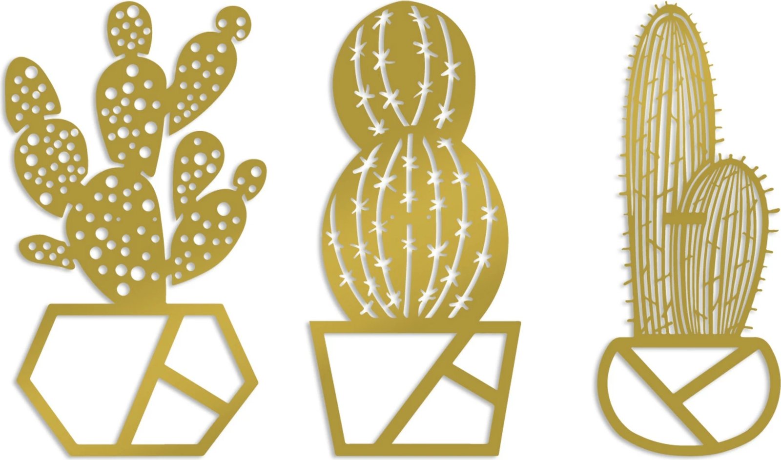 Aksesor dekorativ metalik për mur, kaktus, ngjyrë ari, set prej 3 copash