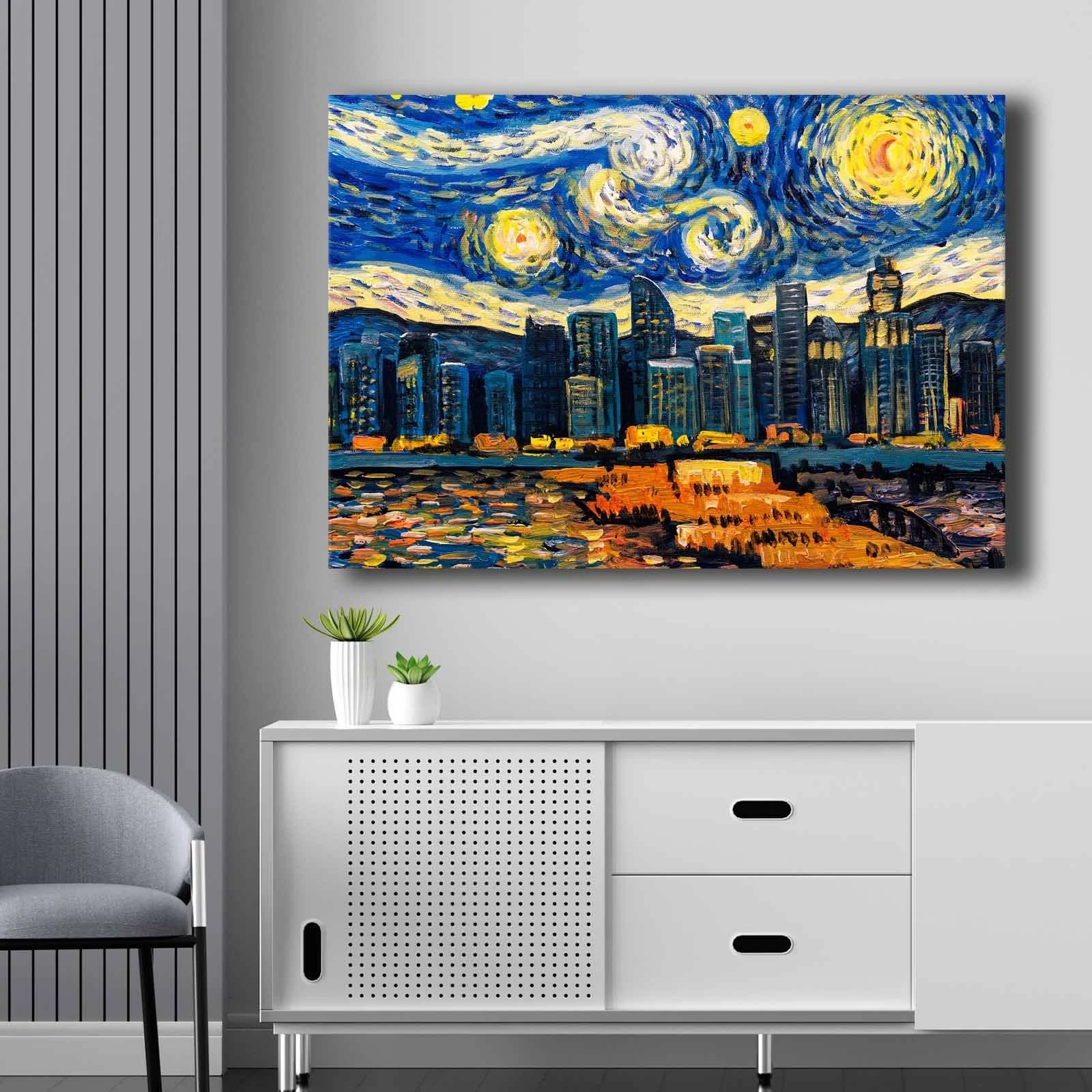 Pikturë dekorative në kanavacë, ngjyra kaltër, kaltër e errët, e verdhë, portokalli, 70x100cm, 70100NISC-036