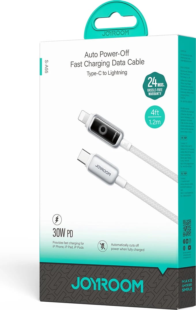 Kabllo karikimi dhe të dhënash, Joyroom, S-A55 StarFlight, USB‑C në Lightning, 30W, 1.2 m, e bardhë