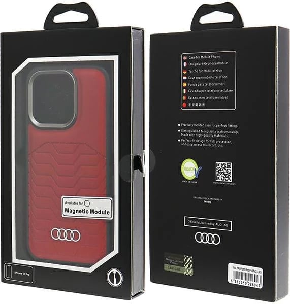 Mbështjellës Audi për iPhone 15 Pro, lëkurë sintetike me MagSafe, Kuq