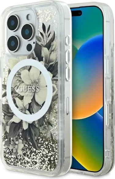 Mbështjellës Guess Liquid Glitter Flower MagSafe për iPhone 16 Pro, Bezhe