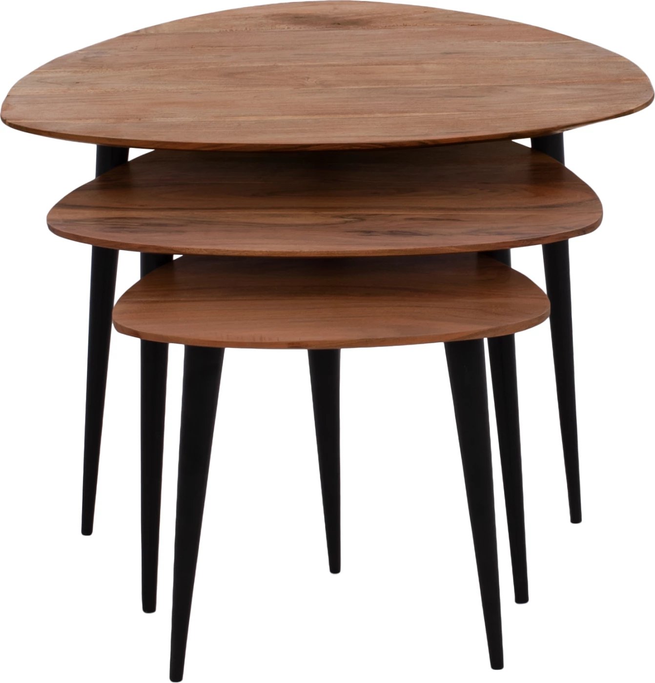 Set 3 tavolina zigon EMILIANO, dru akacie, këmbë metalike të zeza, FH9256, 69.5x67x46cm