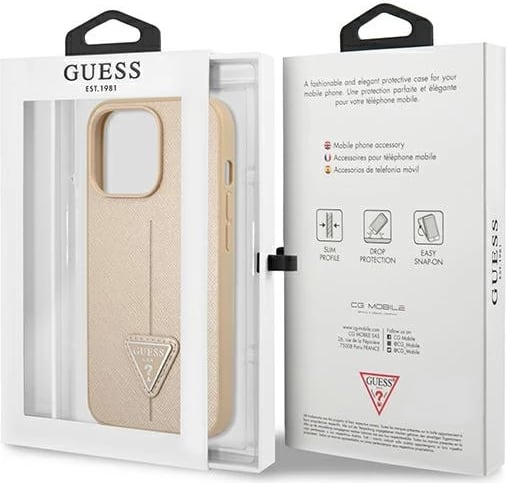 Mbështjellës Guess GUHCP13LPSATLE për iPhone 13/13 Pro 6.1", Saffiano Triangle Logo, bezhë