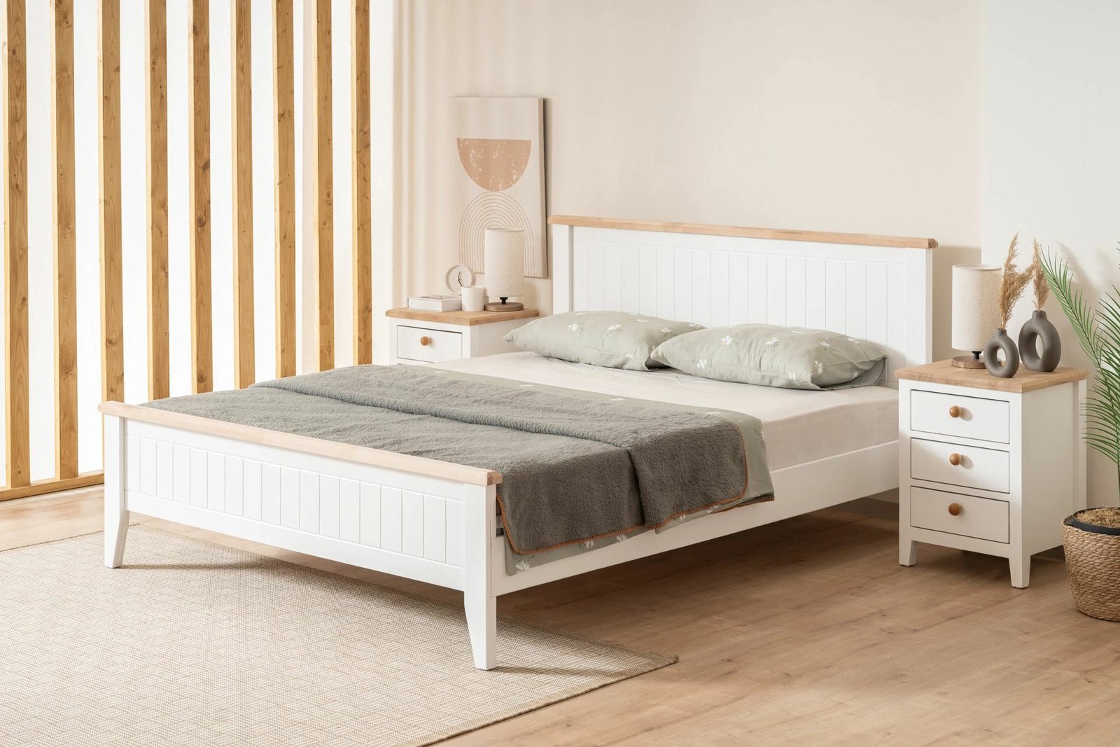 Krevat dopio Skye Decor, stil modern country, 160x200 cm, bardhë dhe lis