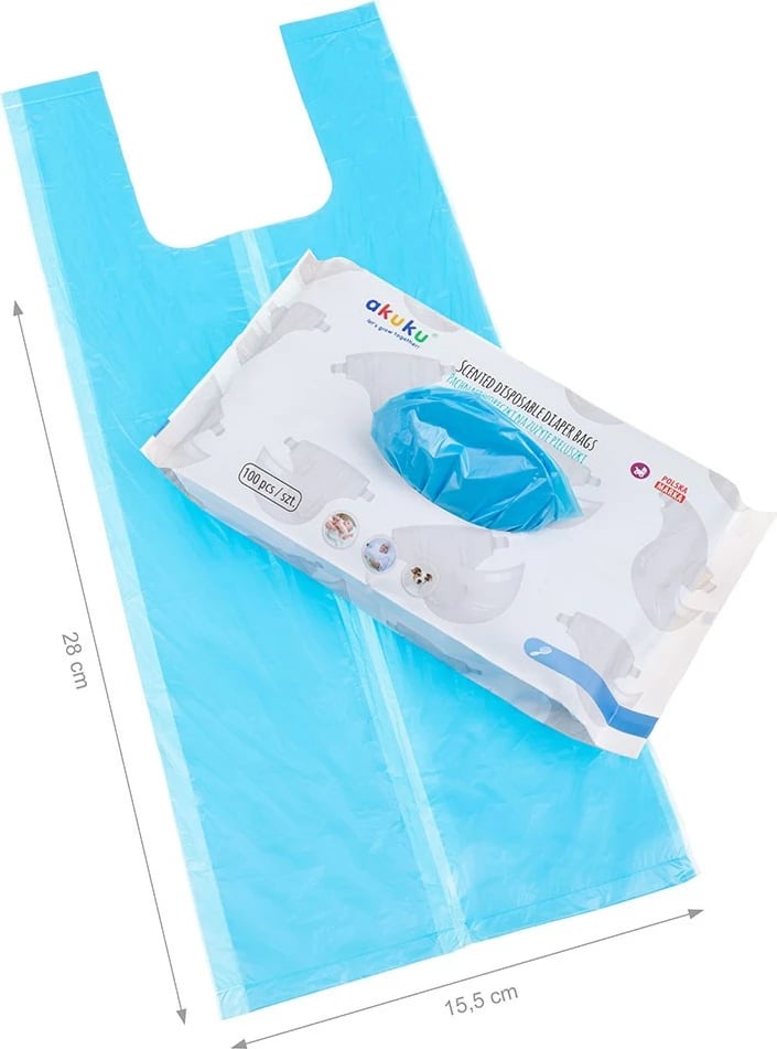 Qese higjienike të parfumuara për pelena, AKUKU, njëpërdorimshme, me mbyllje të thjeshtë, blu, paketim 100 copë