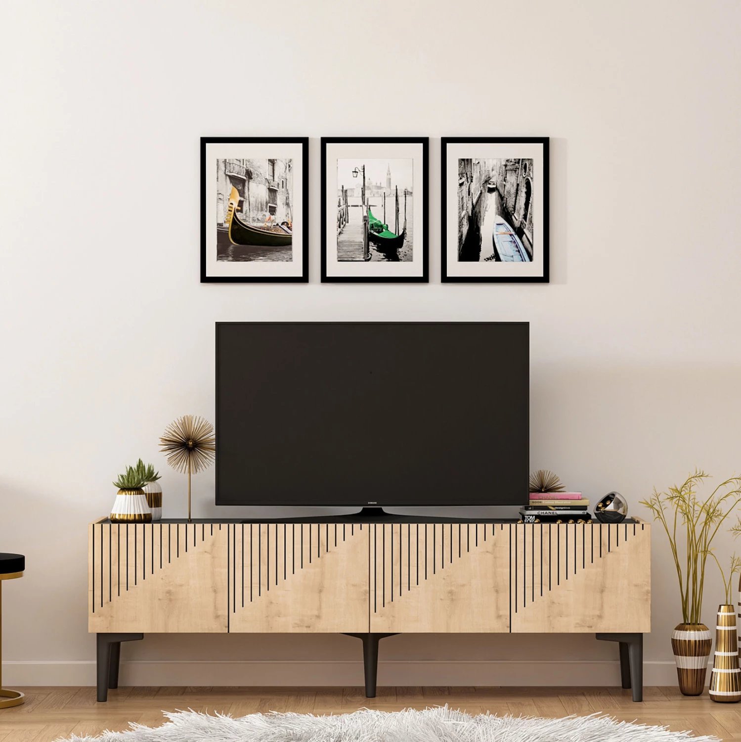 Mobilje TV melamin, ngjyrë natyrale dhe sipërfaqe mermeri të zi, 154x37x45Hcm, FH9435.01