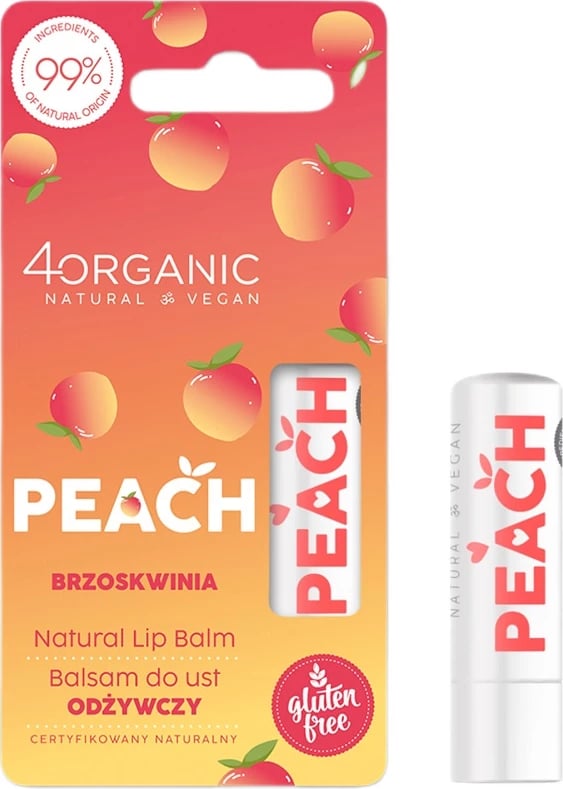 Balsam për buzë 4organic Natural Nourishing Peach për femra, 5g