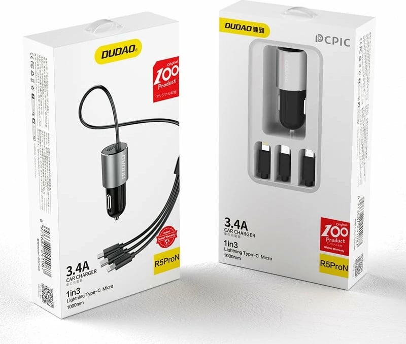 Karikues për veturë, Dudao, R5ProN, 3.4 A, USB-A 1 port, kabëll i integruar 3‑në‑1 Lightning/USB Type-C/Micro USB 1 m, e zezë