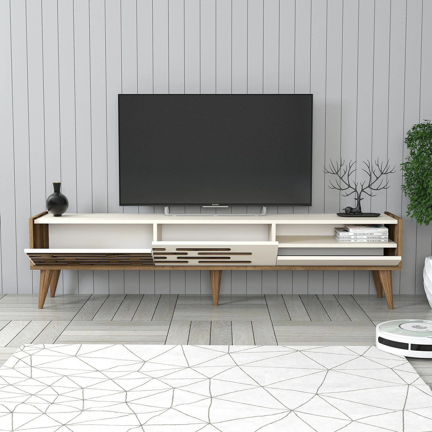 Komodë TV Skye Decor, Valensiya, ngjyrë arre dhe krem