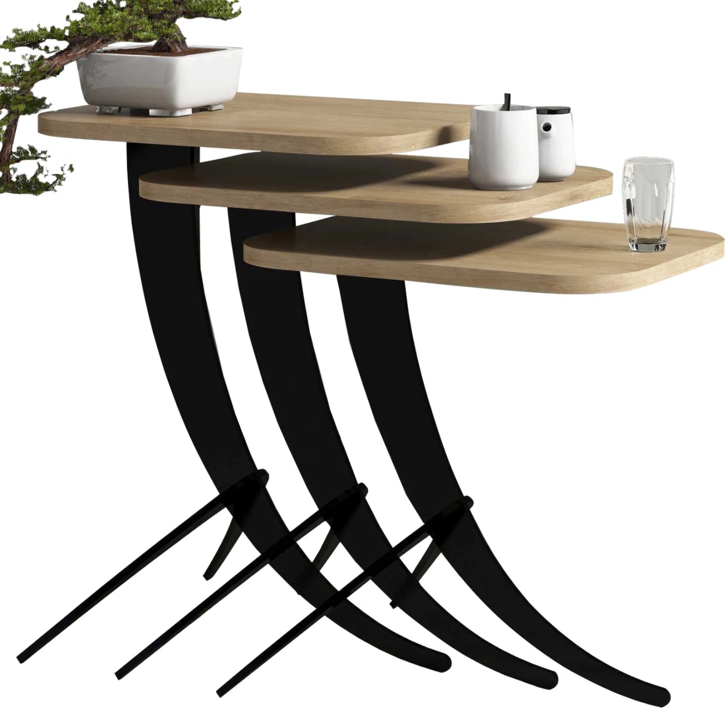 Tavolina anësore 3PC FH9508.01 melaminë ngjyrë lisi natyral-me këmbë metali të zeza 35x45x60Hcm