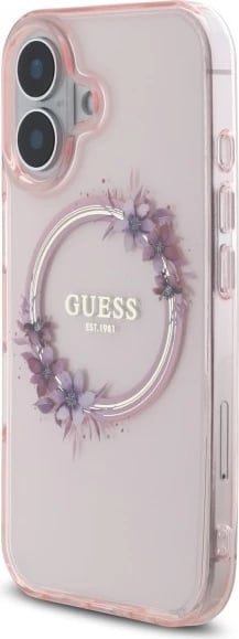 Mbështjellës Guess IML Flowers Wreath MagSafe për iPhone 16, Rozë Mbështjellës Guess IML Flowers Wreath MagSafe për iPhone 16, Rozë