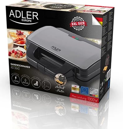 Toster sanduiçesh Adler AD 3043, XXL, 1300W, pllaka 28.5x15.2cm, termostat, veshje jo-ngjitëse, zi/argjendtë