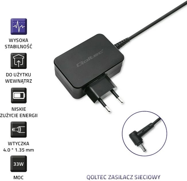 Karikues laptopi Qoltec 52390 për Asus, 33W, 19V, 1.75A, 4.0x1.35 mm, zi