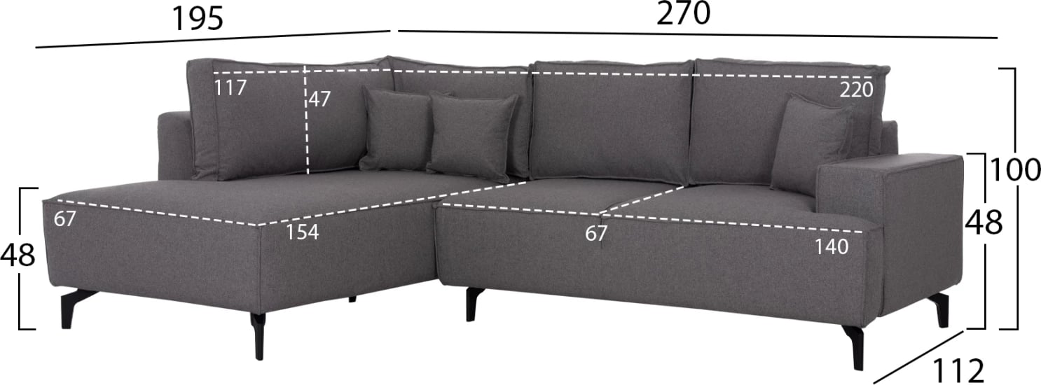 Kënd-sofë me hapësirë për depo, SAFFIRA FH3303.01L, material gri, 270x195x100cm
