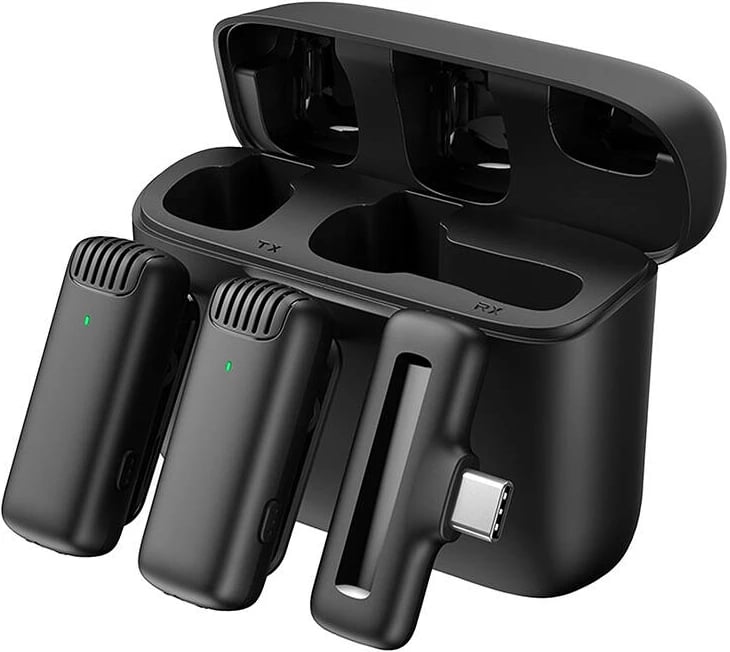 Set mikrofonë lavalier wireless Apexel APL-MIC008 me kuti karikimi, 2 copë, i zi