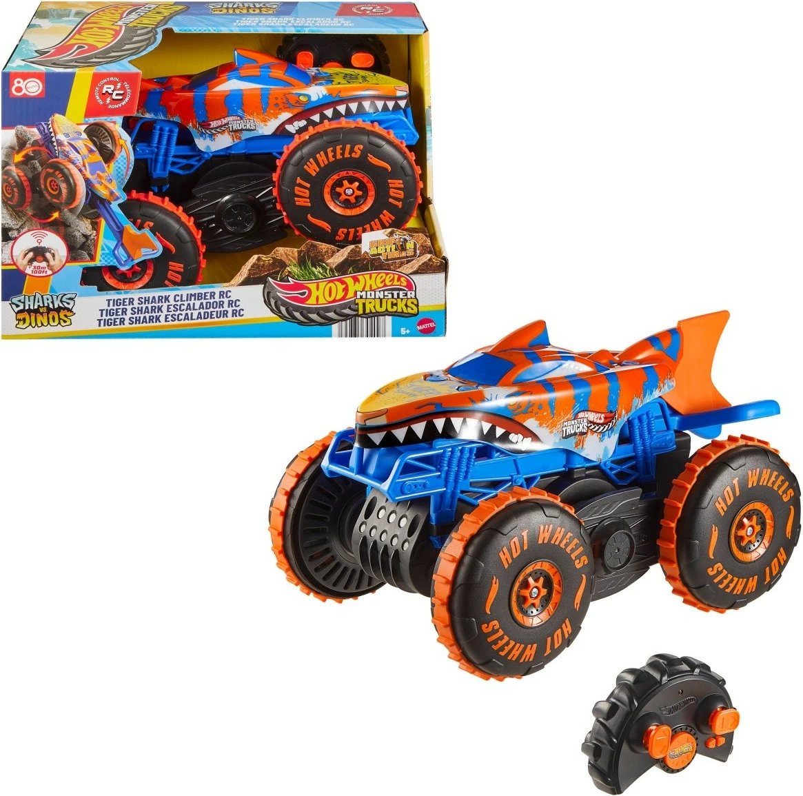Makine me telekomandë RC, Hot Wheels Tiger Shark Climber JFR39, shkallë 1:15, bateri e integruar, blu/portokalli