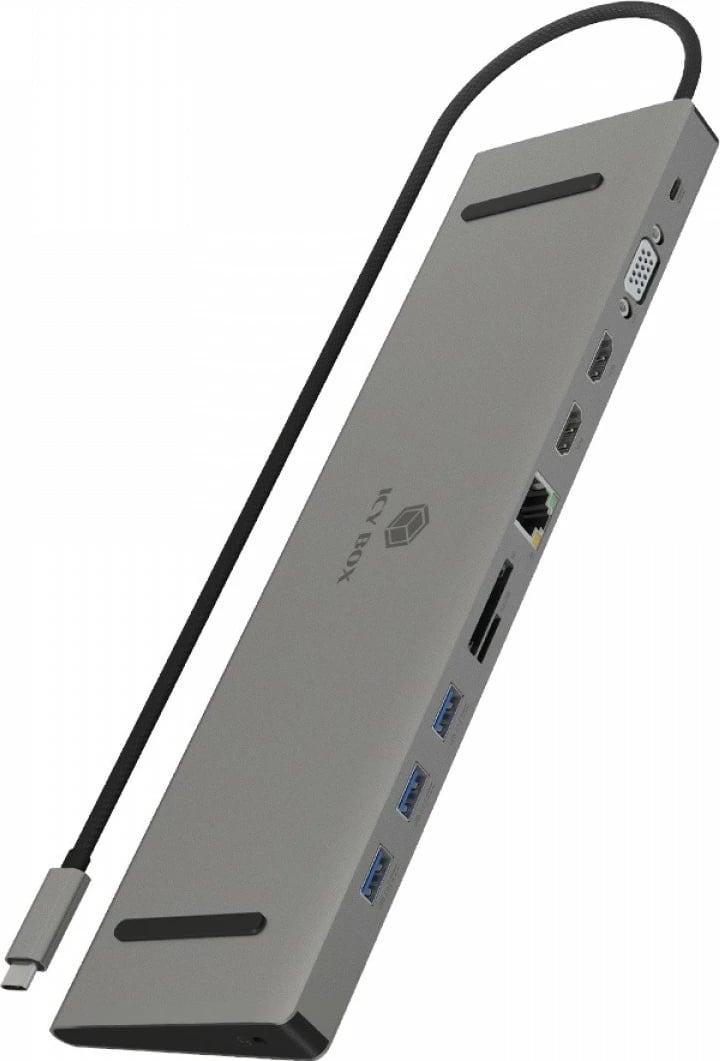Kasë IcyBox IB-DK2106a-CPD Docking Station 11-in-1, 2x HDMI, 1x VGA, LAN, Lexues kartash, 3x USB, 100W PD, anthracite/black