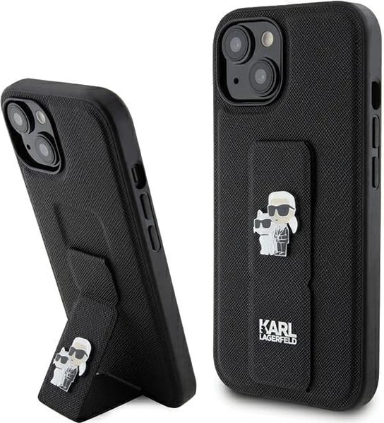 Mbështjellës Karl Lagerfeld Gripstand Saffiano Karl&Choupette Pins për iPhone 15 Plus / 14 Plus, i zi
