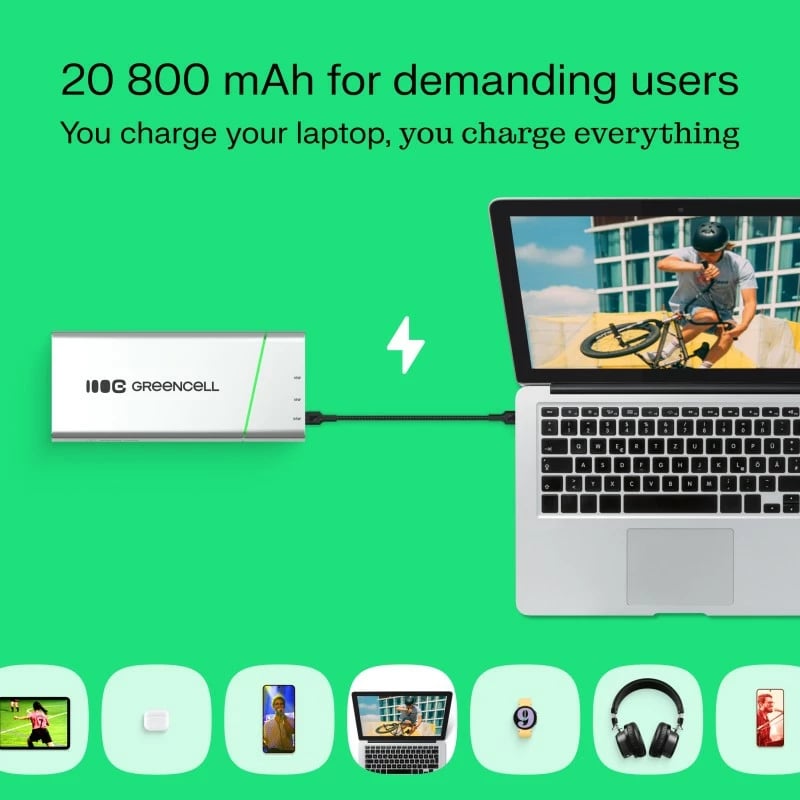 Powerbank Green Cell PowerPlay Pro PBPLGC20P 20800mAh 65W PD 2x USB-C + USB-A argjendtë/zezë