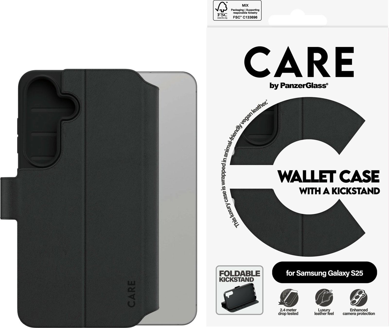 Mbështjellës PanzerGlass për Samsung Galaxy S25, kickstand, i zi