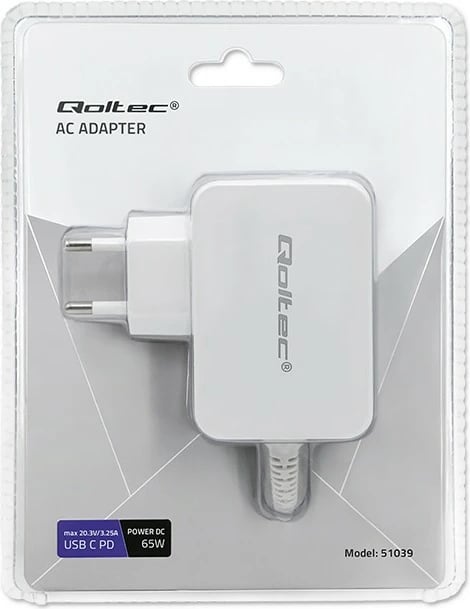 Karikues Qoltec 65W, USB Type-C, Power Delivery, i bardhë