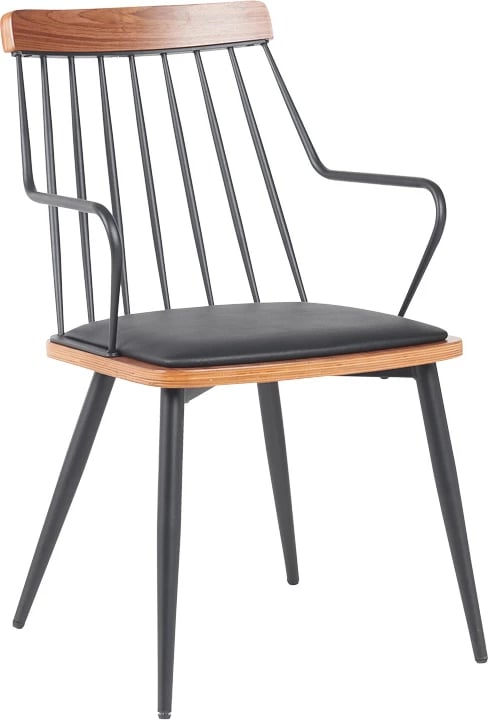 Karrige me krahë Posse, metal i zi, dru arre, lëkurë artificiale e zezë, 52x59x83cm