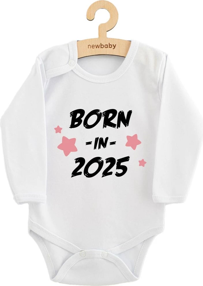 body bebe me mëngë të gjata, NEW BABY, Born in 2025, 100% pambuk, madhësia 56 (0-3m), e bardhë