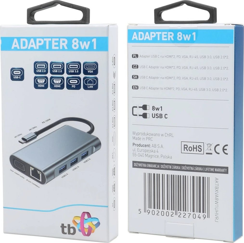 HUB Adapter TB AKTBXVA8W1UHVRJ, USB C 8-në-1, HDMIx2, VGA, RJ45, 3xUSB, Power Delivery, Grafit