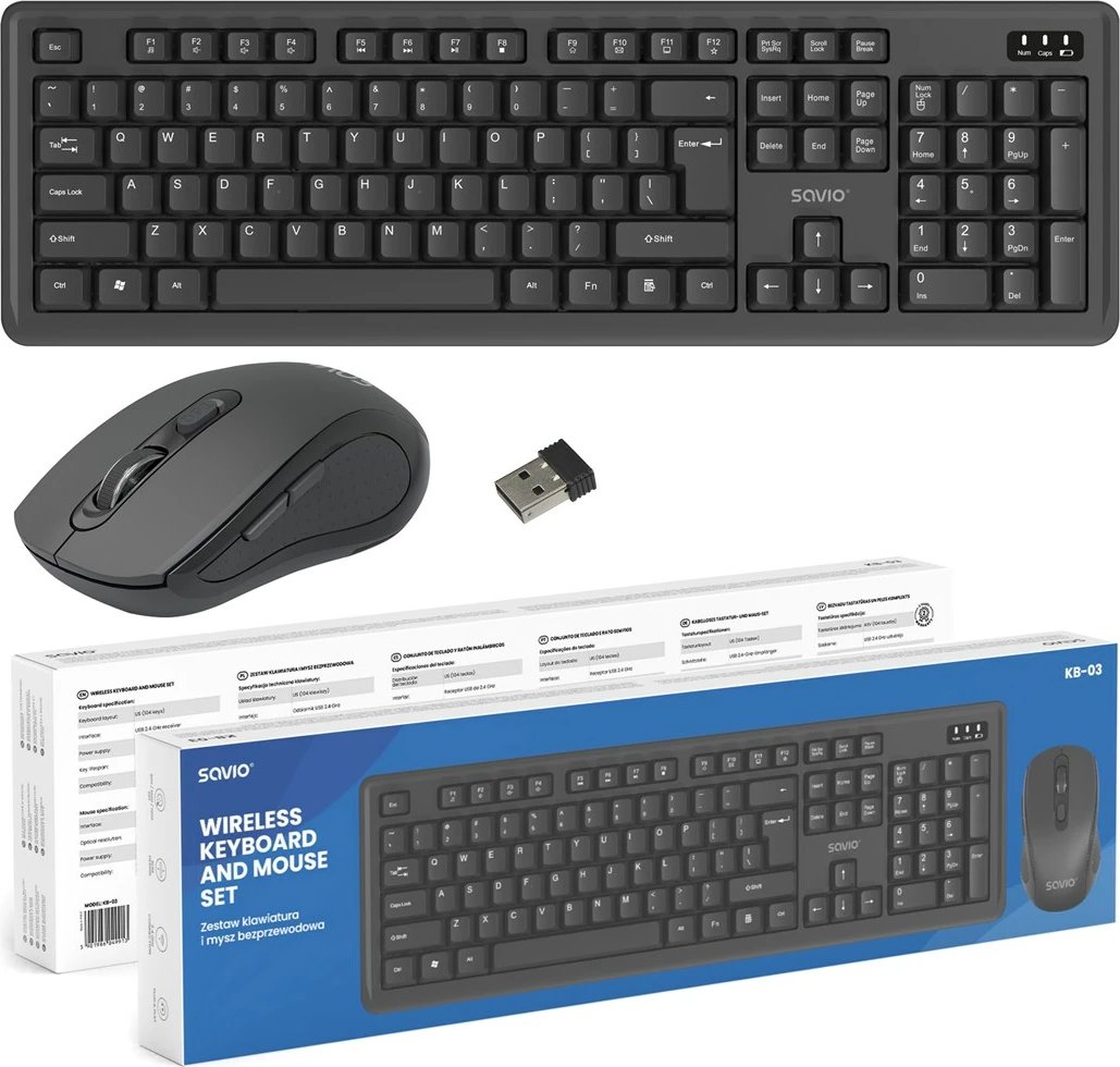Set tastierë dhe maus wireless Savio KB-03, USB, QWERTY, Anglisht, e zezë