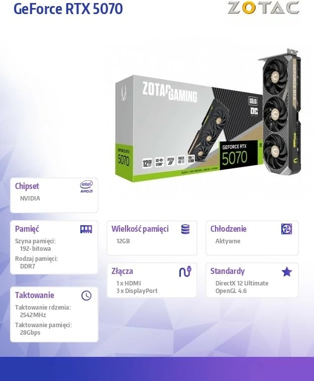 Kartë grafike ZOTAC GeForce RTX 5070 SOLID OC 12GB GDDR7 192-bit PCIe 5.0 3xDP/HDMI e zezë