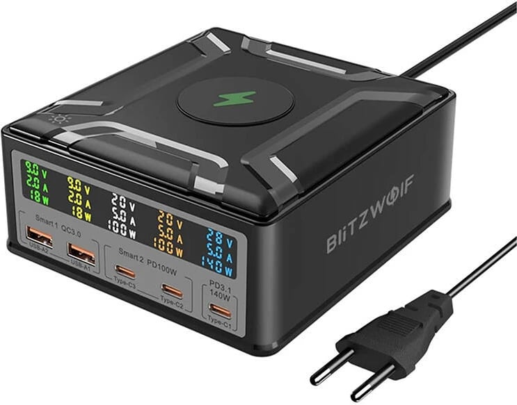 Karikues rrjeti BlitzWolf BW-S28, 260W, 2xUSB-A, 3xUSB-C, karikim wireless 15W, i zi