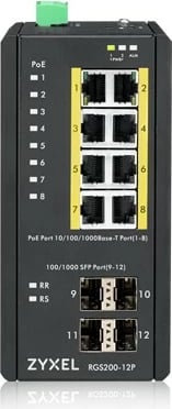 Switch i menaxhuar Zyxel RGS200-12P, 12 porta, PoE+, 8x GbE, 4x SFP, IP30, Industrial, i zi