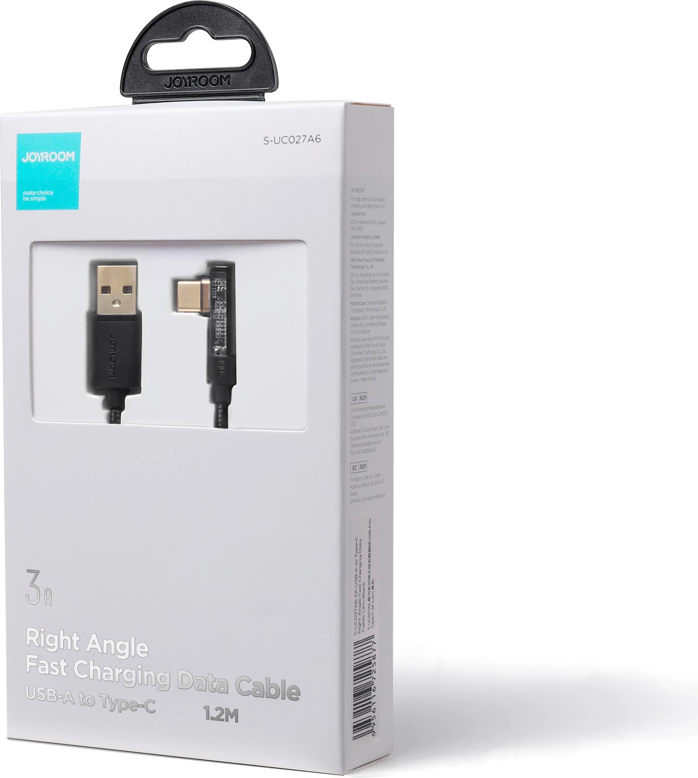 Kabllo USB-C me kënd 90°, Joyroom S-UC027A6, 1.2m, 3A, e zezë