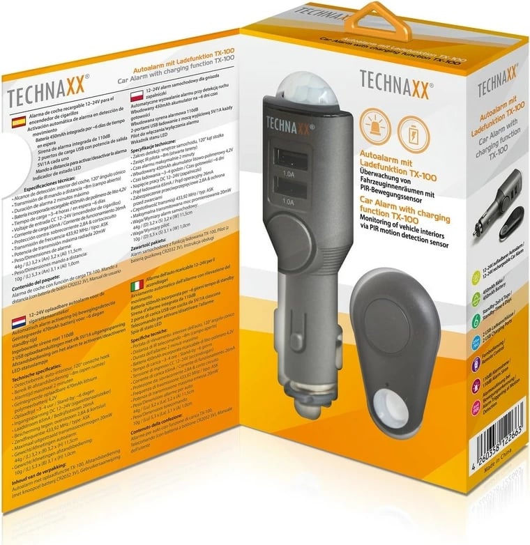 Alarm veture Technaxx TX-100 me 2 porta USB, Gri