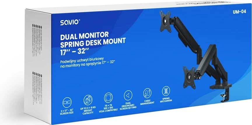 Mbajtëse tavoline për monitorë SAVIO UM-04, për 2 monitorë, 17-32 inç, e zezë