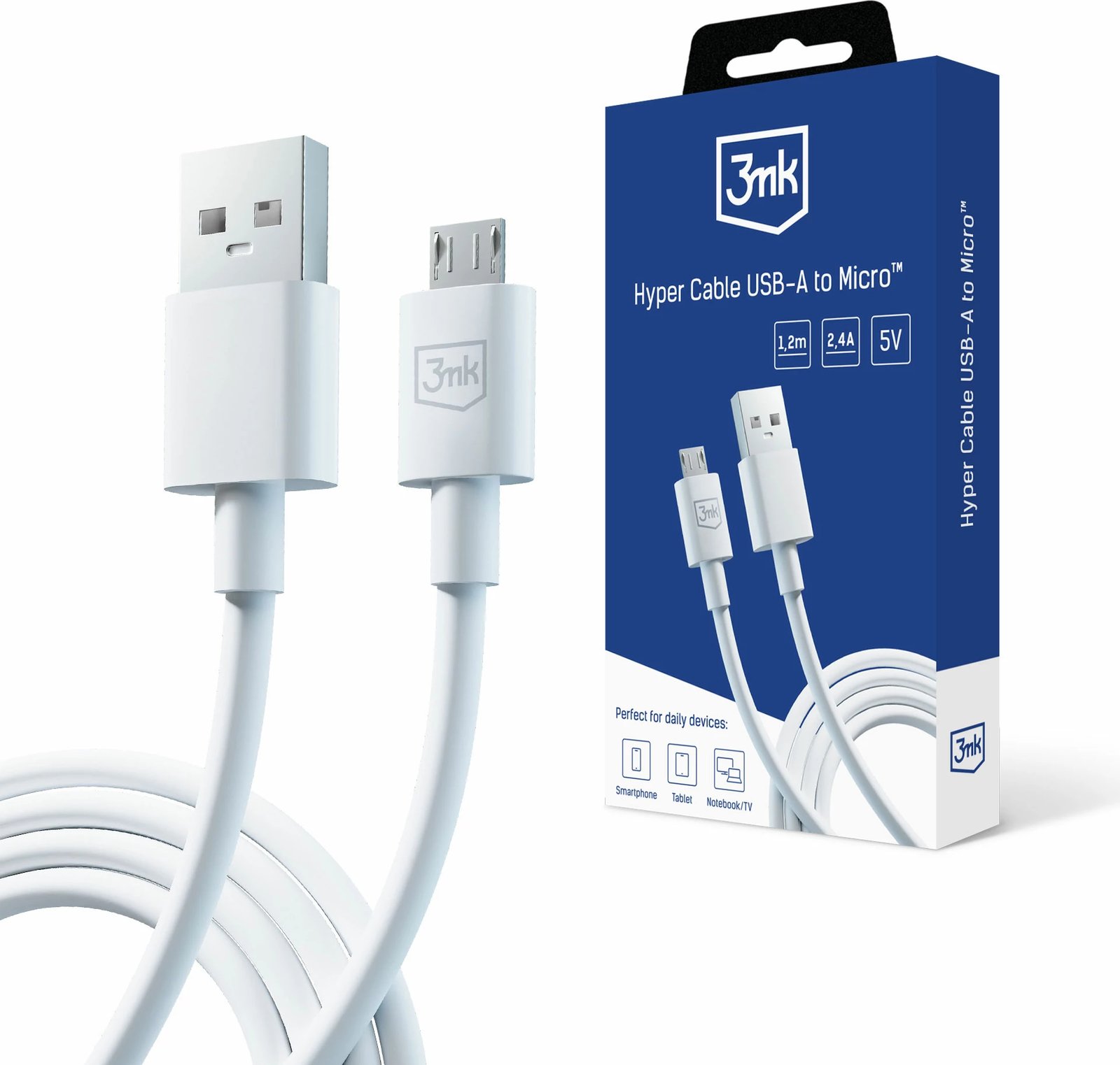 Kabllo karikimi 3mk Hyper Cable USB-A në Micro USB, 1.2m, e bardhë