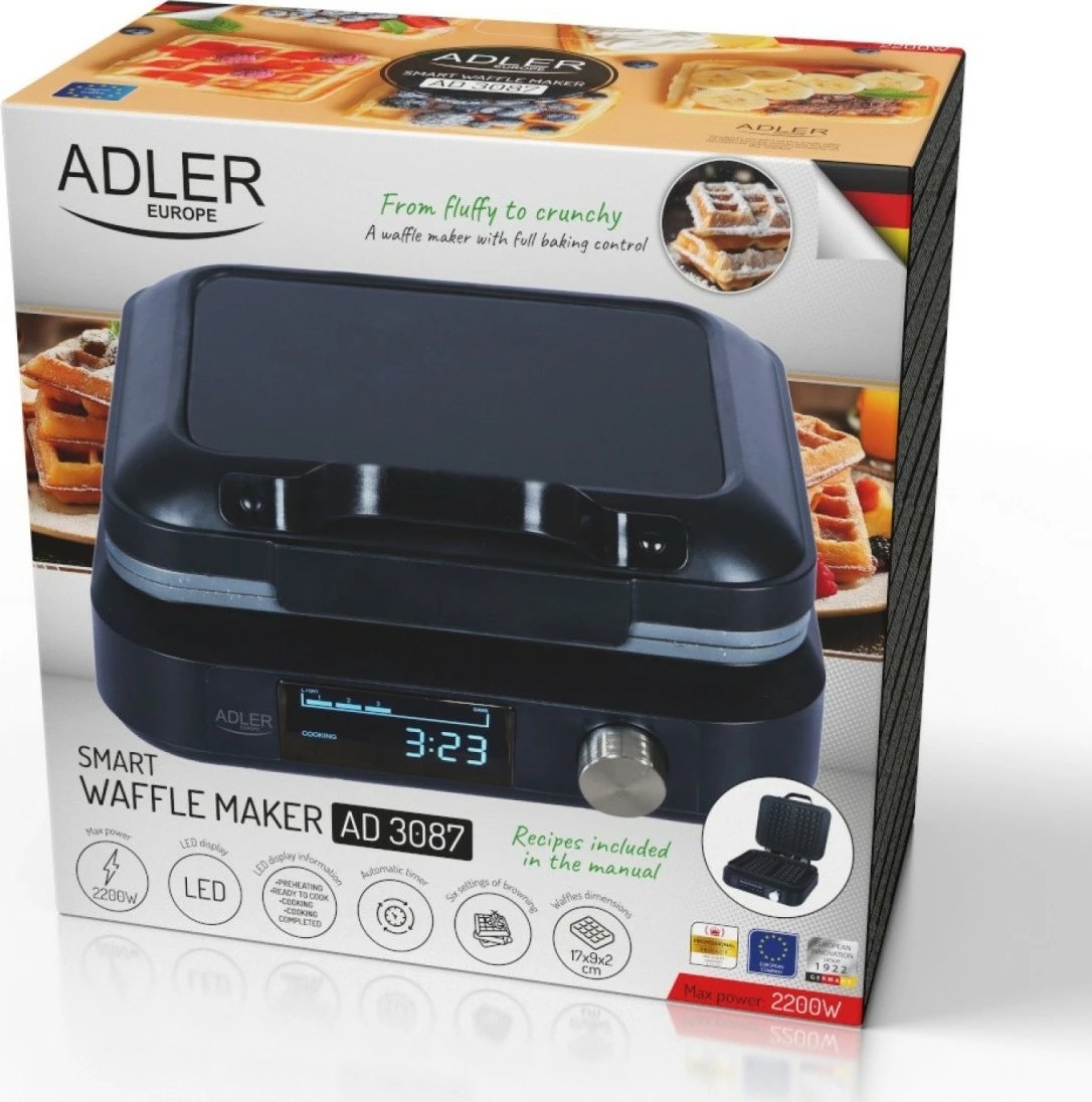 Aparat për waffle Adler AD 3087, me ekran LED, i zi