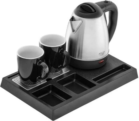 Set mirëseardhje me çajnik elektrik Adler AD 1354 1.2 L 1500 W inoks zi/çelik, set me tabaka dhe 2 filxhanë
