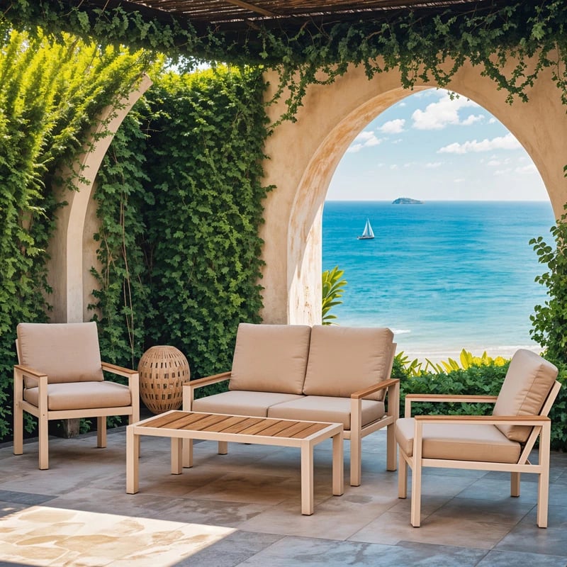 Set salloni për kopsht, modë,, 4 pjesë, pëlhurë bezhë-alumin i bardhë