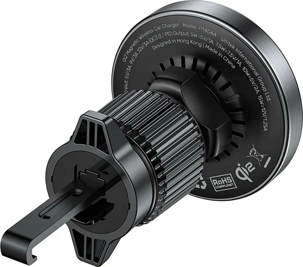 Mbajtës veture Unitek 38W Qi2, karikues wireless, USB Type C, i zi